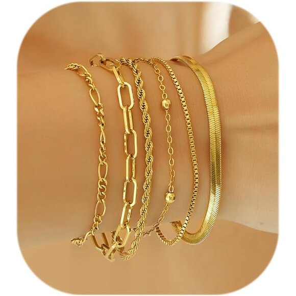 Trendy 6pcs Gold Bracelets Set for Women, 14K Gold Plated, Adjustable, Waterproo - Picture 1 of 8